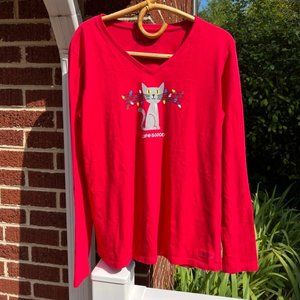 Life Is Good Crusher Tee Christmas Cat Long Sleeve T-shirt Women's Large
